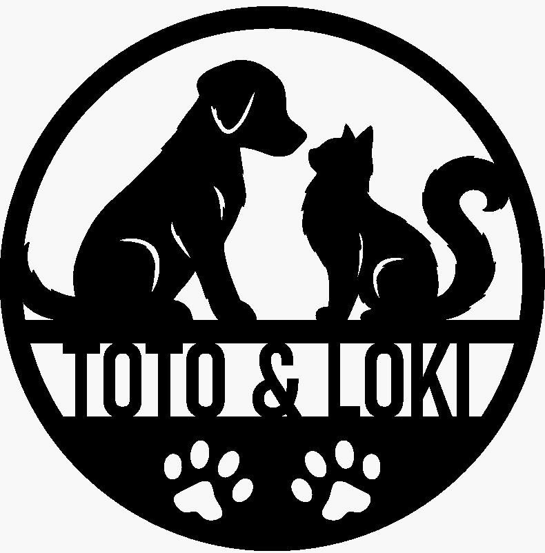 Black silhouette of a dog and cat sitting together with 'Toto & Loki' text inside a circular border.