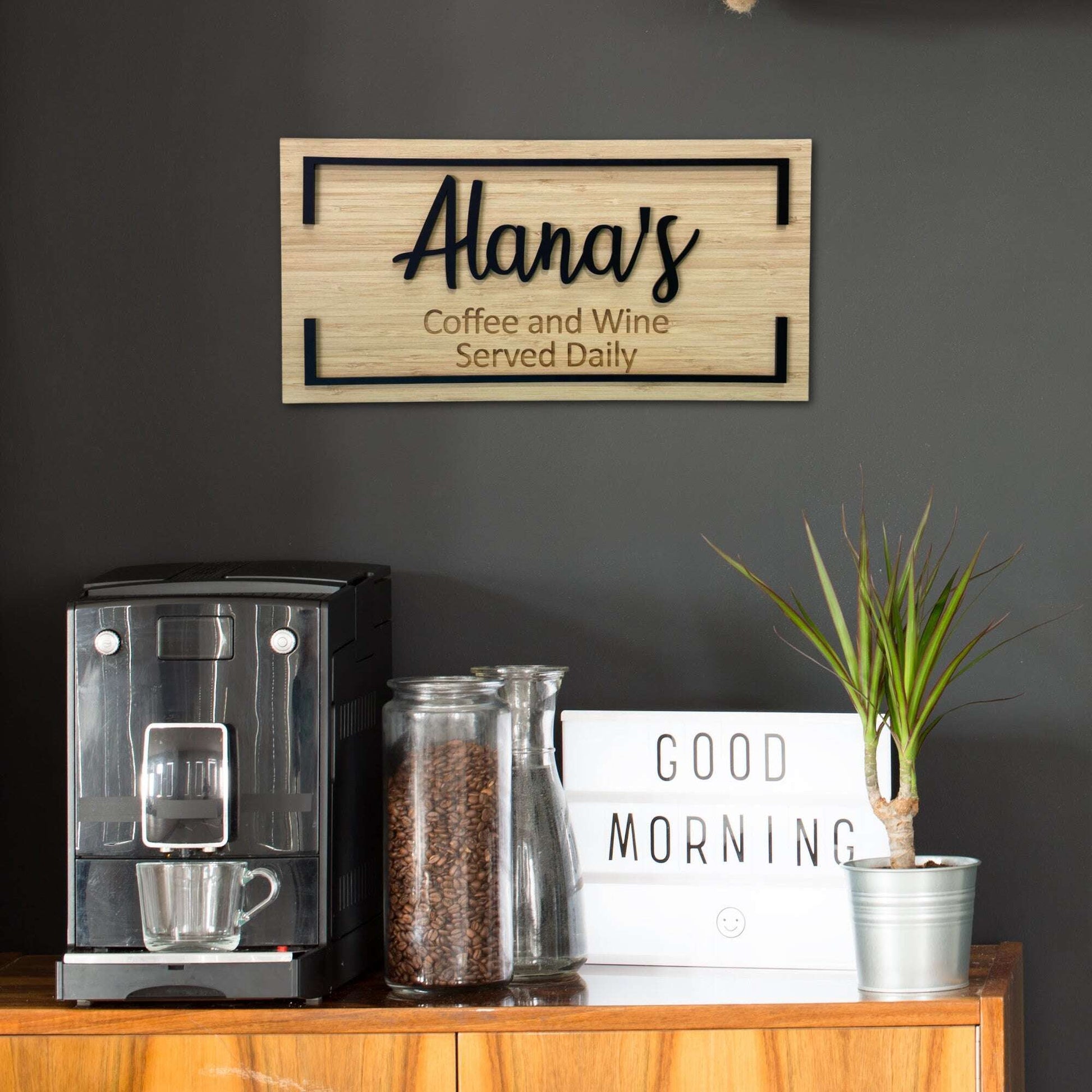 Personalised Wine & Coffee Served Daily Sign FAME-ily Art