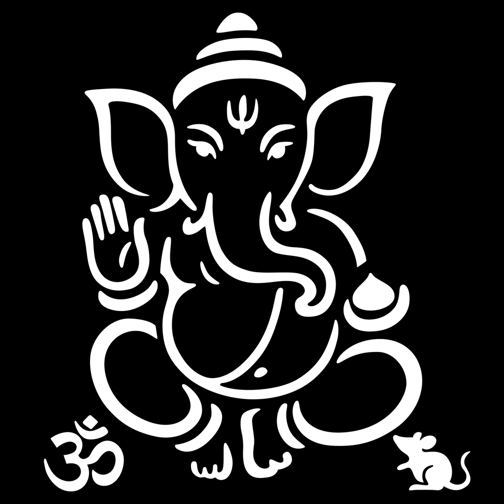 A stylized white line-art illustration of Ganesha with an Om symbol at the bottom left and a small mouse at the bottom right, centered on a solid black background.