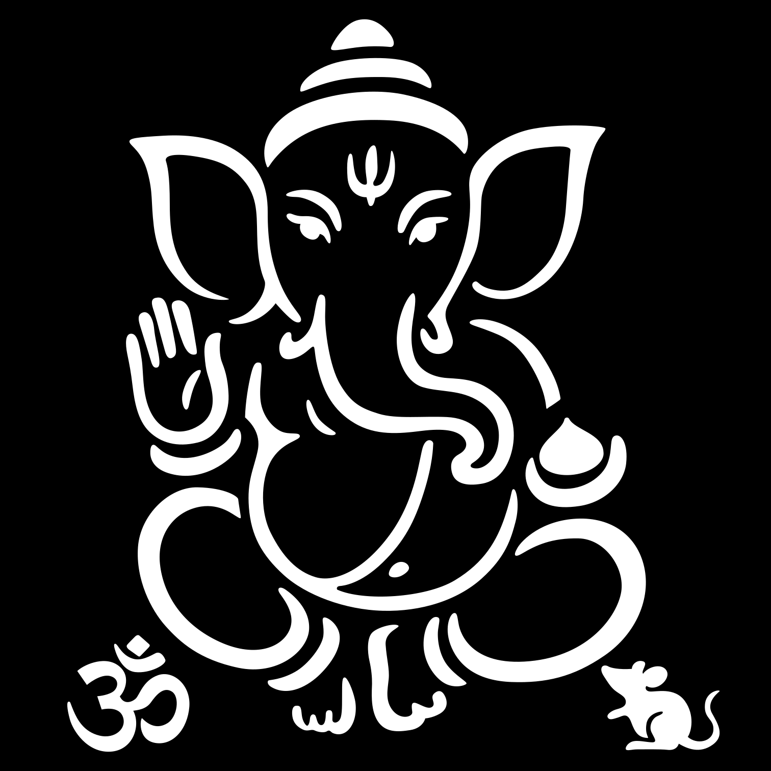 A stylized white line-art illustration of Ganesha with an Om symbol at the bottom left and a small mouse at the bottom right, centered on a solid black background.