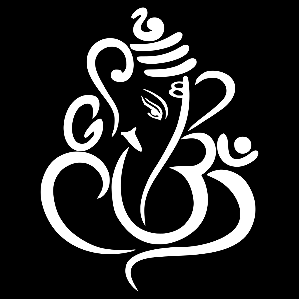 A stylized white graphic combining the Hindu deity Ganesha's face with the Om symbol, centered on a solid black background.