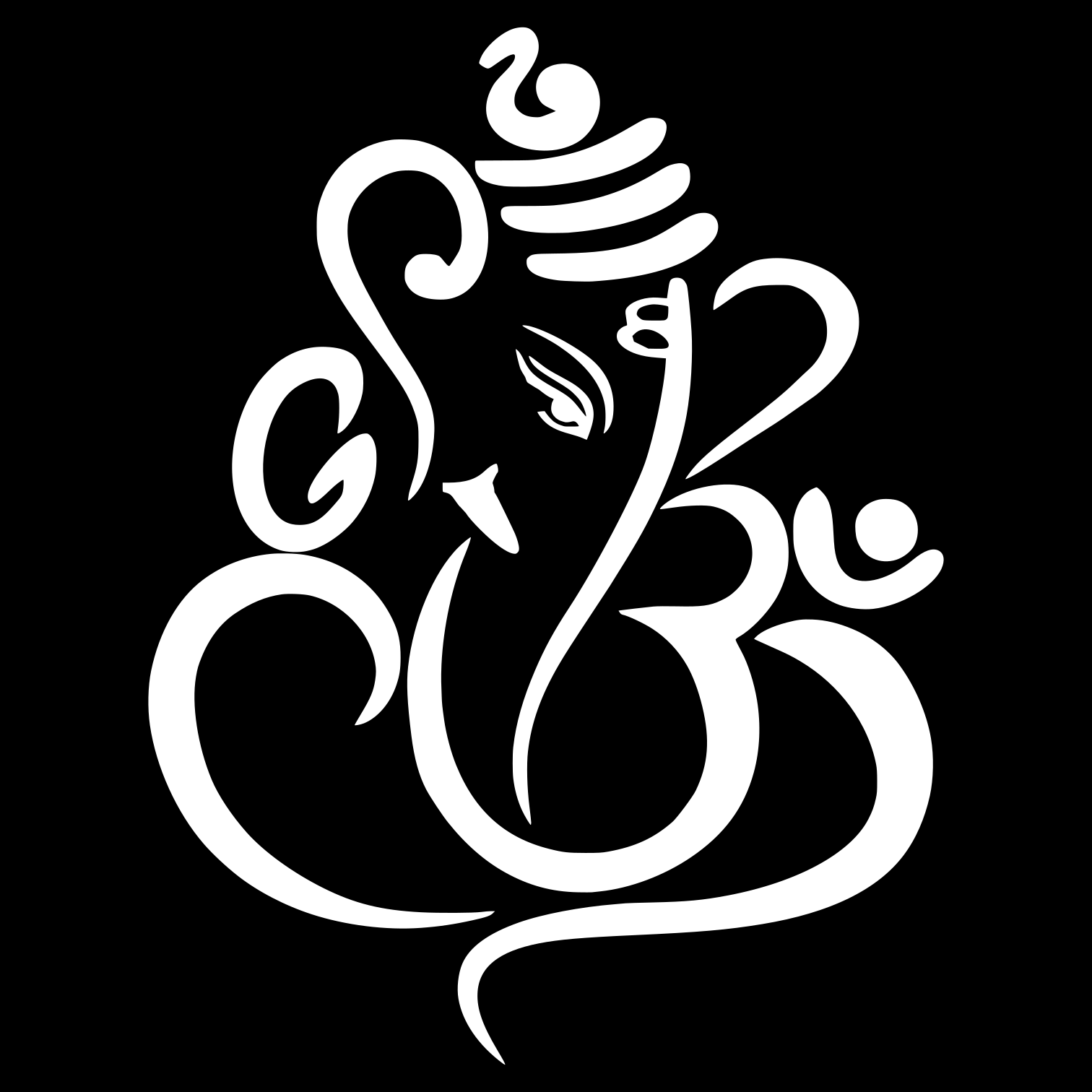 A stylized white graphic combining the Hindu deity Ganesha's face with the Om symbol, centered on a solid black background.