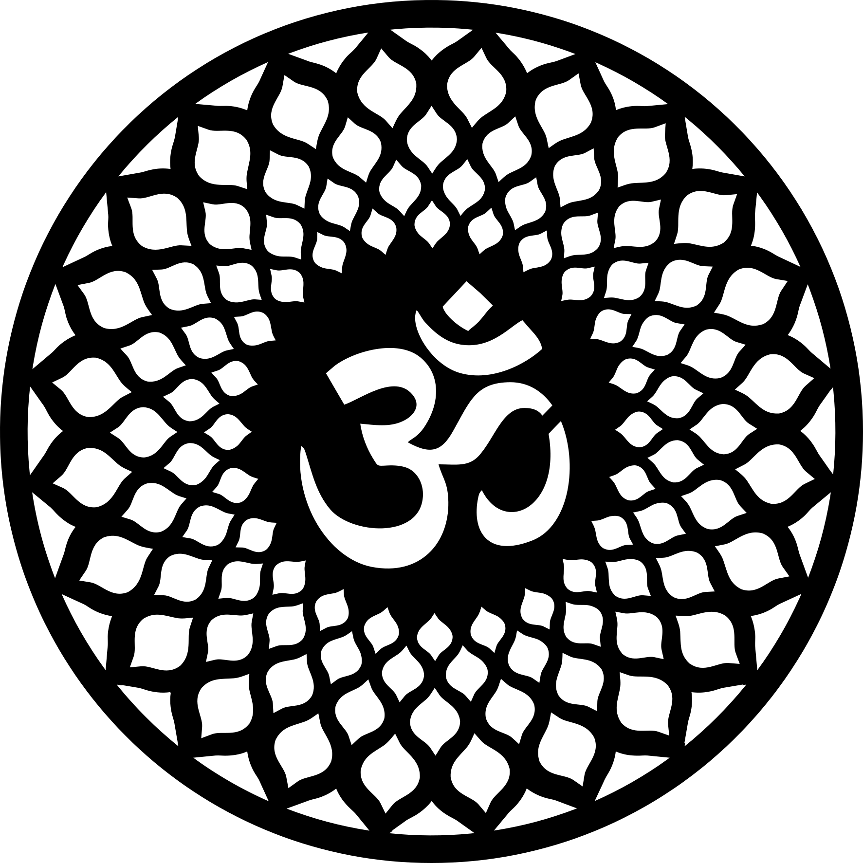A circular black mandala-style cutout or stencil featuring an Om symbol in the center.