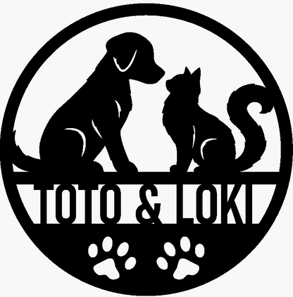 Black silhouette of a dog and cat sitting together with 'Toto & Loki' text inside a circular border.