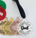 Gold, rose gold and white filigree baubles with 3D black name Dad on black ribbon