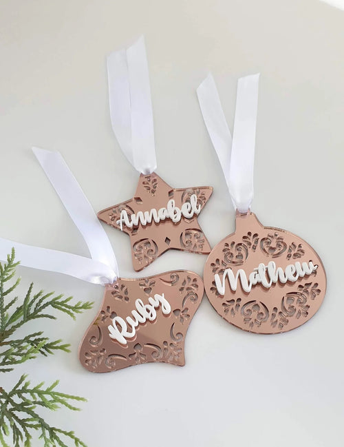 Rose gold mirror acrylic star, bauble and drop ornaments with 3D white names on white ribbon