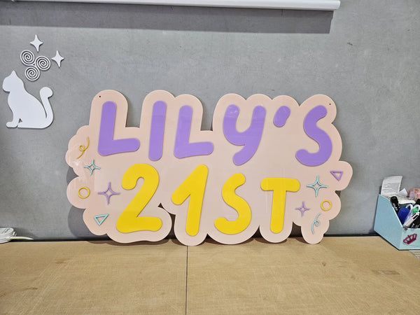 Colourful 3D Lily's 21st birthday sign in purple and yellow
