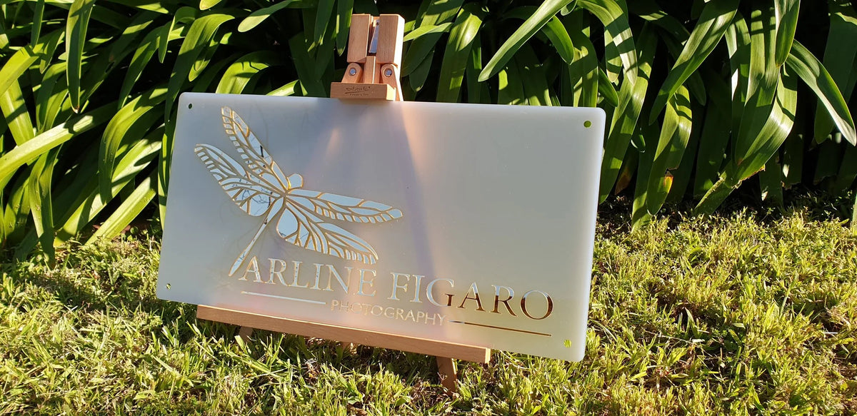 Arline Figaro Photography frosted acrylic sign with gold mirror dragonfly on a small easel